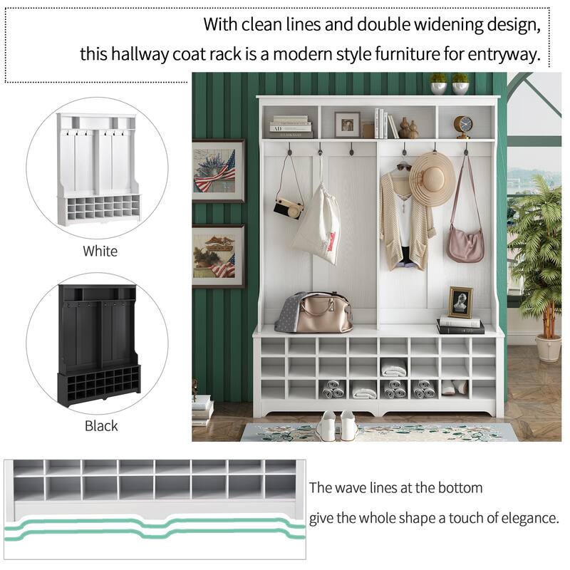 Hallway Coat Rack with Metal Black Hooks, Entryway Bench 60" Wide Hall